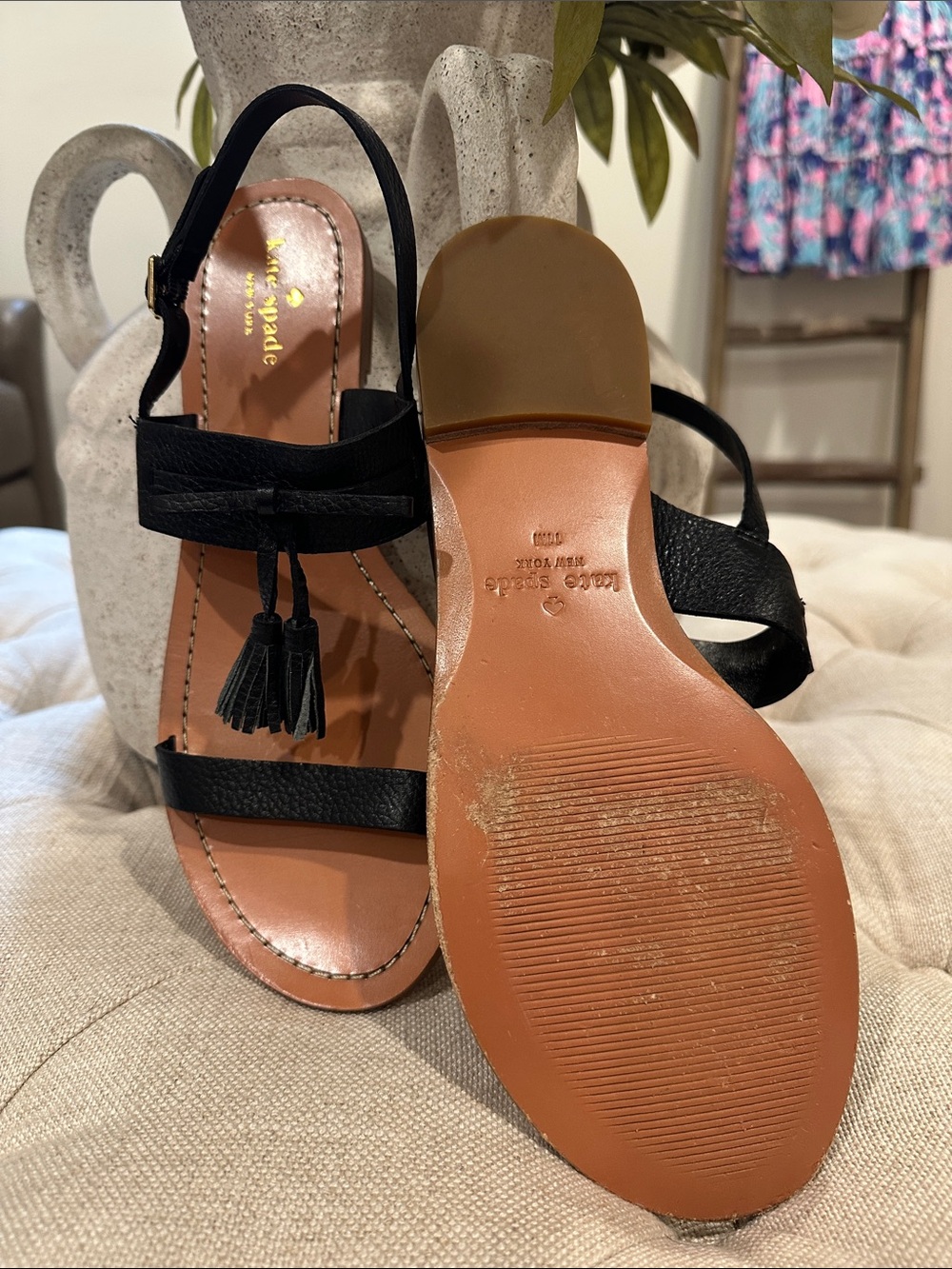 kate spade black leather tassel ankle-strap sandals